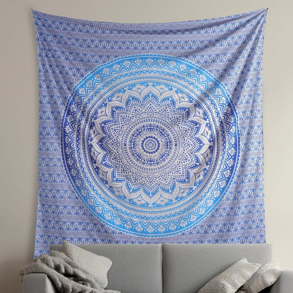 Aqua Blue Cotton Tapestry Mandala Wall Hanging – Tapestry for Bedroom – Boho Roo - Picture 1 of 6